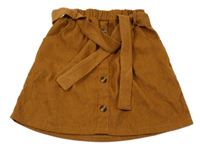 Hnědá žebrovaná sukně s knoflíky a páskem Shein