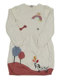 Biele svetrové šaty s dúhou a psem Tu