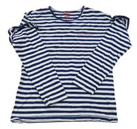 Tmavomodro-biele pruhované tričko s nápisom a volánikmi Tchibo