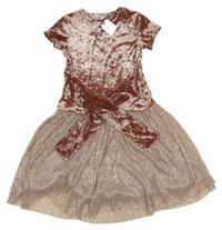 Nové - Starorůžové sametovo/tylové třpytivé šaty s páskem Next