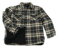 Černo-bílo-hnědá kostkovaná zateplená košilová bunda