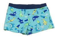 Světlemodré nohavičkové plavky se žraloky a surfy