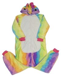 Bílo-barevná chlupatá chlupatá kombinéza s kapucí - jednorožec 