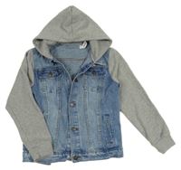 Modrá rifľová bunda s teplákovymi rukávy a kapucňou Minoti