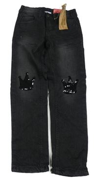 Nové - černé podšité skinny rifle s korunkami z flitrů Kiki&Koko