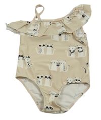 Pudrové jednodielne plavky s mačkami a volánikom