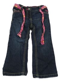 Tmavomodré flare rifle s výšivkami a ružovým opaskom Lupilu