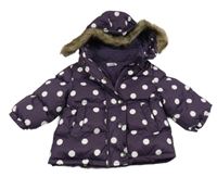 Fialovo-biela bodkovaná á šušťáková zimná bunda s kapucňou s kožešinou Mamas&Papas