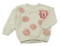 Smetanovo-růžový puntíkatý svetr s lvíčkem F&F
