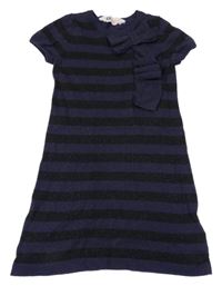 Tmavomodro-čierne pruhované trblietavé svetrové šaty s 3D mašlou H&M