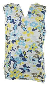 Dámská bílo-modro-žlutá květovaná lněná halenka M&S