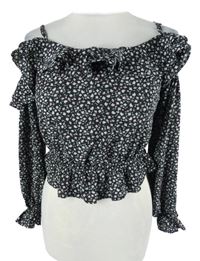Dámská černá kytičkovaná crop halenka s volnými rameny H&M