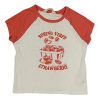 Bielo-ružové rebrované crop tričko s jahůdkami zn. H&M