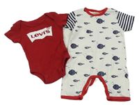 2set- bílo-tmavomodrý overal s rybami+ červené body