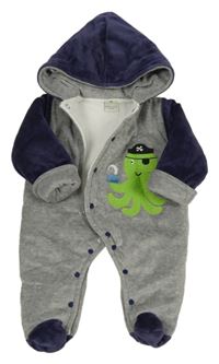 Sivo-tmavomodrá zamatová zateplená kombinéza s chobotnicí