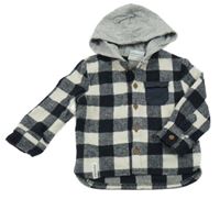 Tmavomodro-biela kockovaná flaušová košeľová bunda s kapucňou Topomini