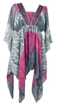 Dámska sivo-ružová šifónová asymetrická tunika s výšivkou