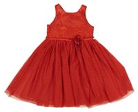 Červené saténovo/tylové slávnostné šaty s květem zn. H&M