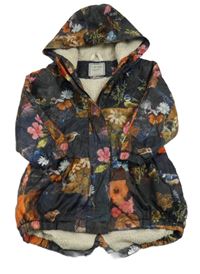 Černá šusťáková jarní květovan,á parka s ptáčky a kapucí Next