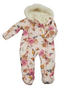 Světlerůžová šusťáková zimní kombinéza s květy a kapucí George 