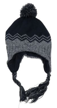 Šedo-bílá pletená podšitá ušanka s bambulí 