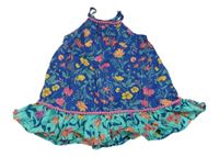 Tmavomodro-mátové plátenné kvetované šaty