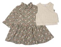 2set - Khaki kvetované bavlnené šaty + béžová pletená crop vesta Willow&Whistle