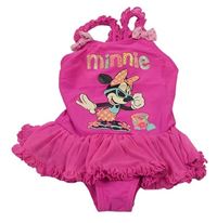 Fuchsiové jednodielne plavky s Minnie a kanýrky a tylovým volánikom Disney