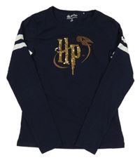 Tmavomodré triko s logem z překlápěcích flitrů - Harry Potter a bílými pruhy