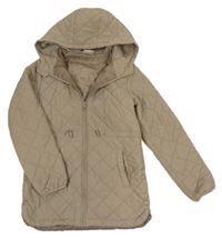 Béžový prošívaný šusťákový zateplený kabát a kapucí DESTINATION