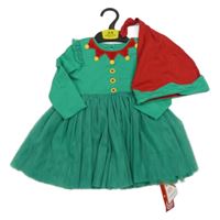 Nové - 2Set - Zelené bavlněno/tylové šaty - elfka + červeno/zelená čapica zn. St. Bernard