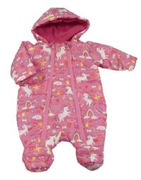 Ružová prešívaná šušťáková zimná kombinéza s jednorožcami a obrázkami a kapucňou zn. St. Bernard