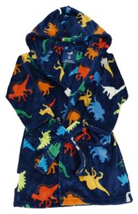 Tmavomodrý plyšový župan s barevnými dinosaury a kapucí F&F