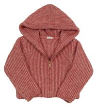 Vínovo-růžový melírovaný žebrovaný propínací svetr s kapucí Next