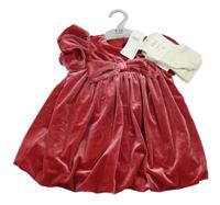 Nové - 2Set - červené lesklé sametové balonové šaty s mašlí + bílé punčocháče M&S