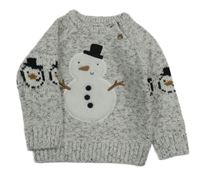 Šedo-bílo-hnědo-tmavomodrý melírovaný svetr se sněhuláčky Next