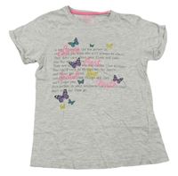 Svetlosivé tričko s nápismi a motýlikmi Yd.