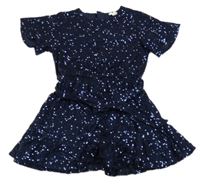 Tmavomodrý flitrový slávnostný kraťasový overal s opaskom River Island