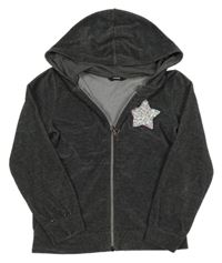 Tmavosivá zamatová prepínaci mikina s hvězdou z flitrů a kapucňou George