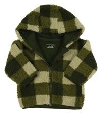 Khaki-zelená kostkovaná huňatá zateplená propínací mikina s kapucí Primark