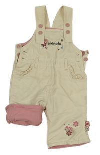 Béžové šusťákové zateplené laclové kalhoty s výšivkami květin C&A