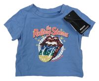 Nové - Modré hudební crop tričko s flitry - The Rolling Stones Next