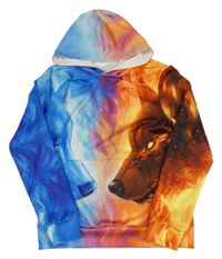 Modro-oranžová mikina s vlky a kapucňou