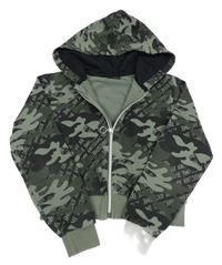 Kaki-čierna army prepínaci crop mikina s nápismi a kapucňou Page One Young