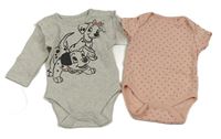 2x body - Šedé melírované body s dalmatinem + růžové puntíkaté body 