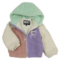 Zeleno-smetanovo-lila huňatá podšitá propínací mikina s kapucí DKNY