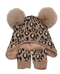 2 set - Růžovo-černá leopardí pletená podšitá čepice s bambulemi + rukavice George