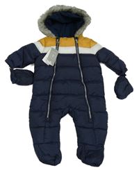 Nové - tmavomodro-okrová šusťáková zimní kombinéza s kapucí + rukavice F&F