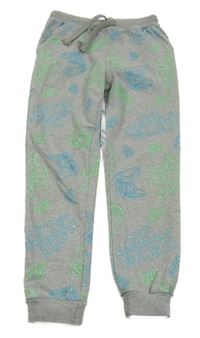 Šedé tepláky s modrými a zelenými nápisy Sinsay