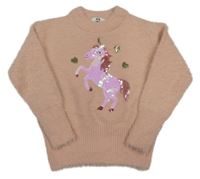 Růžový chlupatý svetr s jednorožcem z flitrů C&A